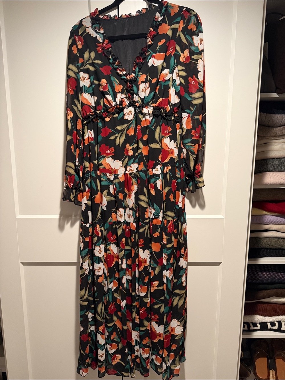 Floral V-Neck Long Sleeve Maxi Dress in Black with Red & Cream Blooms